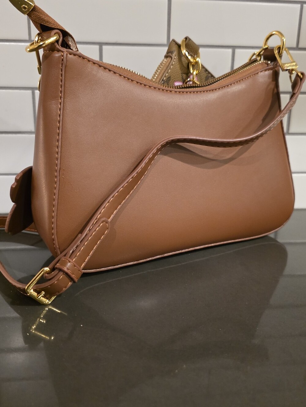Brown Shoulder Bag with Pink Flower Charm - Picture 4 of 5